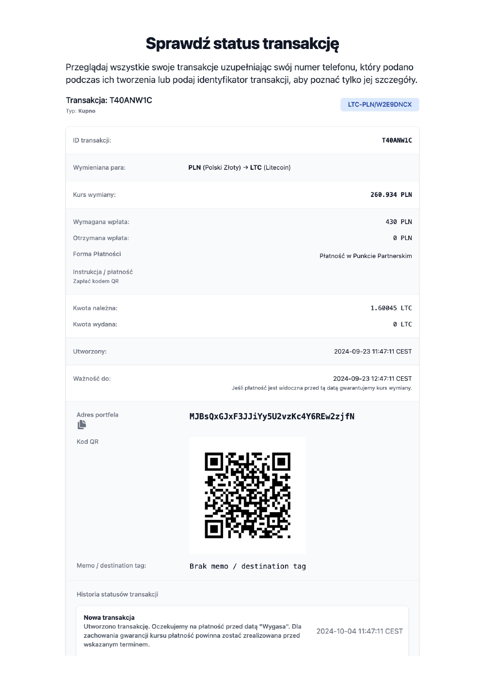 Przykładowy podgląd statusu transakcji CryptoATM